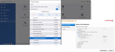 Printer interface Plug-in settings showing the Show button, and the IC Card Reader B Web Setup Plugin activated and highlighted and smart card options selected.