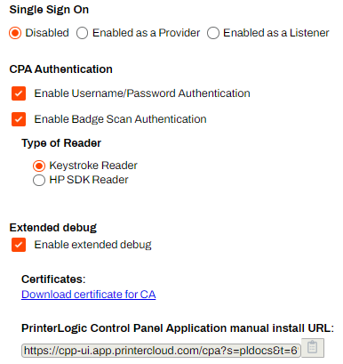 CPA authentication setting options for HP