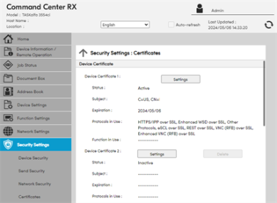 Web portal security settings, certificates opptions