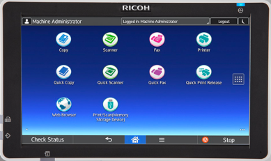 Ricoh printer control panel with showing the grouping of dots to the right where settings are found. 