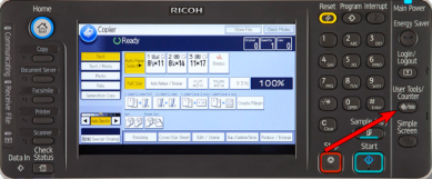 Ricoh control panel and surrounding buttons with an arrow pointing to the User Tools/Counter button on the right. 