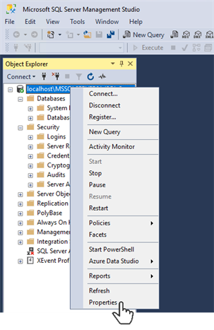 MS SQL Server Management Studio connected to a database and showing the selected database context menu.