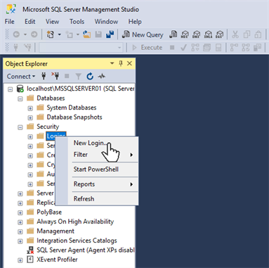 MS SQL Server Management Studio connectoed to a database and the Security Login context menu.