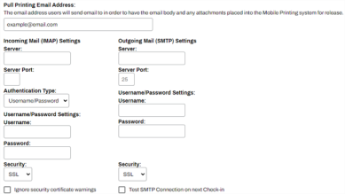 Service Client Email Printing tab and settings. 