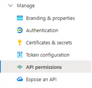 Azure dashboard with the API Permissions option in the left-side Manage section. 