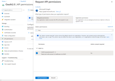 Request API permissions section with the Add Permissions button at the bottom. 