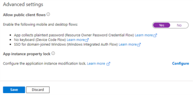 Authentication section with the Advanced Settings Allow public client flows enabled and highlighted. 