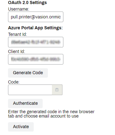 Email printing tab with the Tenant ID filed highlighted and the value from Azure Portal added. 