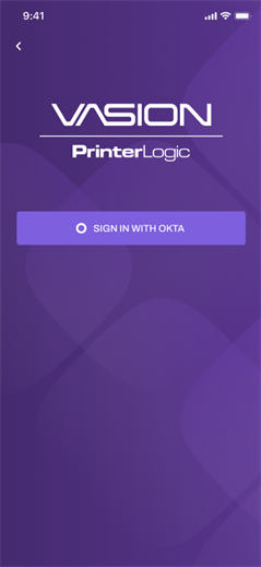 PrinterLogic Sign In screen showing the Sign In with Okta option.