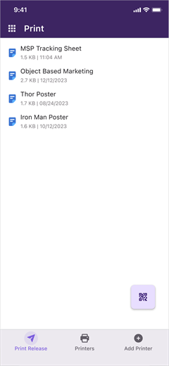 Print Release screen showing four held print jobs.