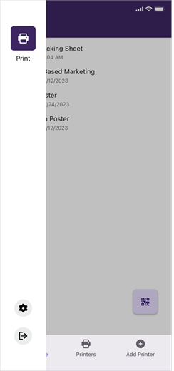 The app side menu displaying the Print, Scan, Settings and Exit options.