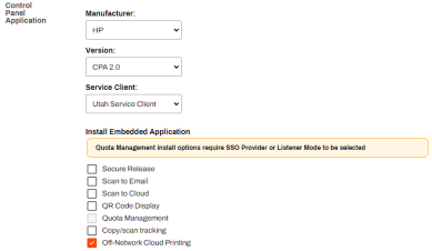 Apps tab showing the manufacturer, cpa version, service client and the Off-Network Cloud Printing option selected.