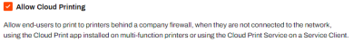 Off-Network settings showing the Allow Cloud Printing setting enabled. 