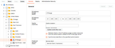 IP Range object's General tab with the Cache Locations section highlighted.