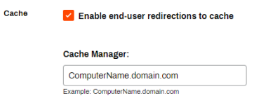 Admin Console General tab showing the Cache section with an example Cache Manager name and the Enable box checked.