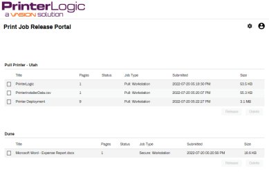 Print job release portal page listing held jobs.