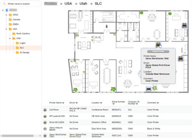 Self-service Portal displaying the map for the selected folder along with the printers and printer list