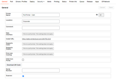 Printer ojbect's general tab with two custom fields at the bottom