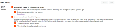 Create Connections to shared TCP/IP Printers option, and it's suboptions, on the Client settings page.