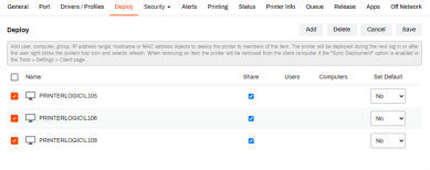 Printer object's Deploy tab with computers showing the Share box enabled.