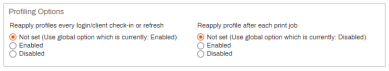 The Profiling options section of the printer object's Drivers Profiles tab where you can define how often the driver profile reapplies to installed printer objects. 