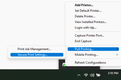 PrinterLogic system tray icon after being right-clicked, and showing the menu options with Pull Printing and Secure Print settings highlighted.