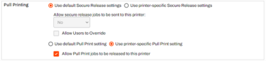 Printer's Printing tab showing the printer specific options enabled. 