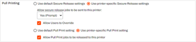 Pull Printing section on a printer object showing the Secure Release printing settings enabled. 