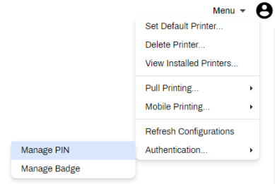 Self-Service Portal menu showing the expanded options and the Manage PIN sub option highlighted in the Authentication section. 