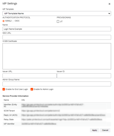 IdP Settings window showing the different fields and the Service provider information section. 