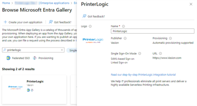 Azure Search results and PrinterLogic app selected.