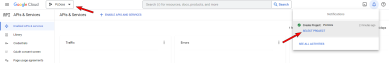 Google Portal with arrows pointing to the Project drop-down and the expanded Notification with the project name and Select Project option.