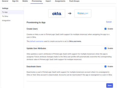 Provisioning To App tab withthe enable checkboxes for Create Users, Update User Attributes, Deactivate Users, and the Save button is visible in the bottom right corner. 