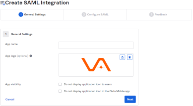 Create SAML Integration window showing the App Name and Logo fields highlighted, and the blue Next button is visible in the lower right corner.