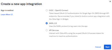 Create a new app integration window showing three options and the middle SAML 2.0 option selected.