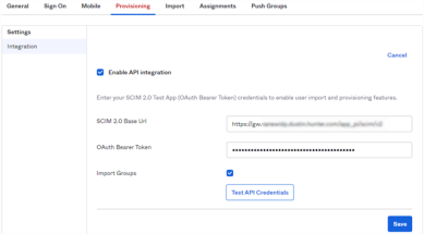 App's Provisioning tab showing the SCIM 2.0 Base URL field highlighted and the value pasted in, and the Test API Credentials button is visible below the fields. 