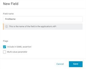 New Field pop-up with the enabled Include in SAML Assertion option in the Flags section. 