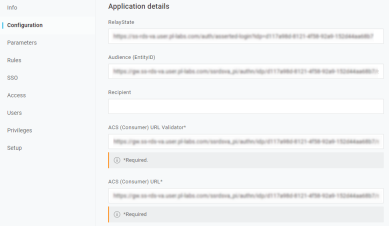 SAML Custom Connector's Configuration tab with the ACS (Consumer) URL Validator and ACS Consumer URL fields. 