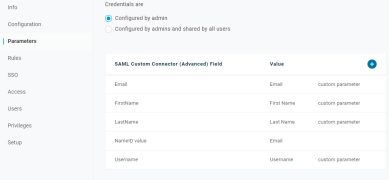 SAML Custom Connector's Parameters tab with the added fields highlighted, and the Save button in the upper right. 