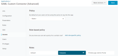 SAML Custom Connector's Access tab with the Roles section near the bottom and the Save button in the upper right. 