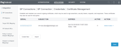 Certificate Management window showing the certificate and an arrow is pointing to the Select Action drop-down in the middle right. 