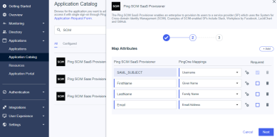 PingOne Attributes window showing the mapped attributes and the Next button in the lower right.