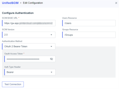 SCIM Configuration tab showing the different fields.