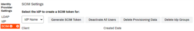 SCIM section showing the IdP selected in the drop-down, and the Generate SCIM Token button to the right.