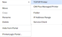 Context menu showing the TCP IP printer option selected. 