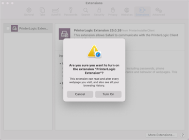 Safari Permission to turn on extension modal 