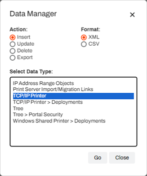 Data Manager modal with insert option