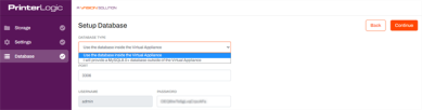 Database type drop-down with two database options. One for using the internal VA database, or an external MySQL8+  database.