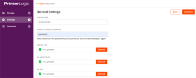 General settings tab in the wizard showing the domain name, shared storage password, and upload location for the license file, SSL certificate, and SSL Key. 
