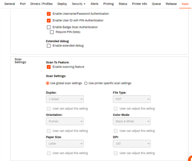Printer Apps tab, scan settings options